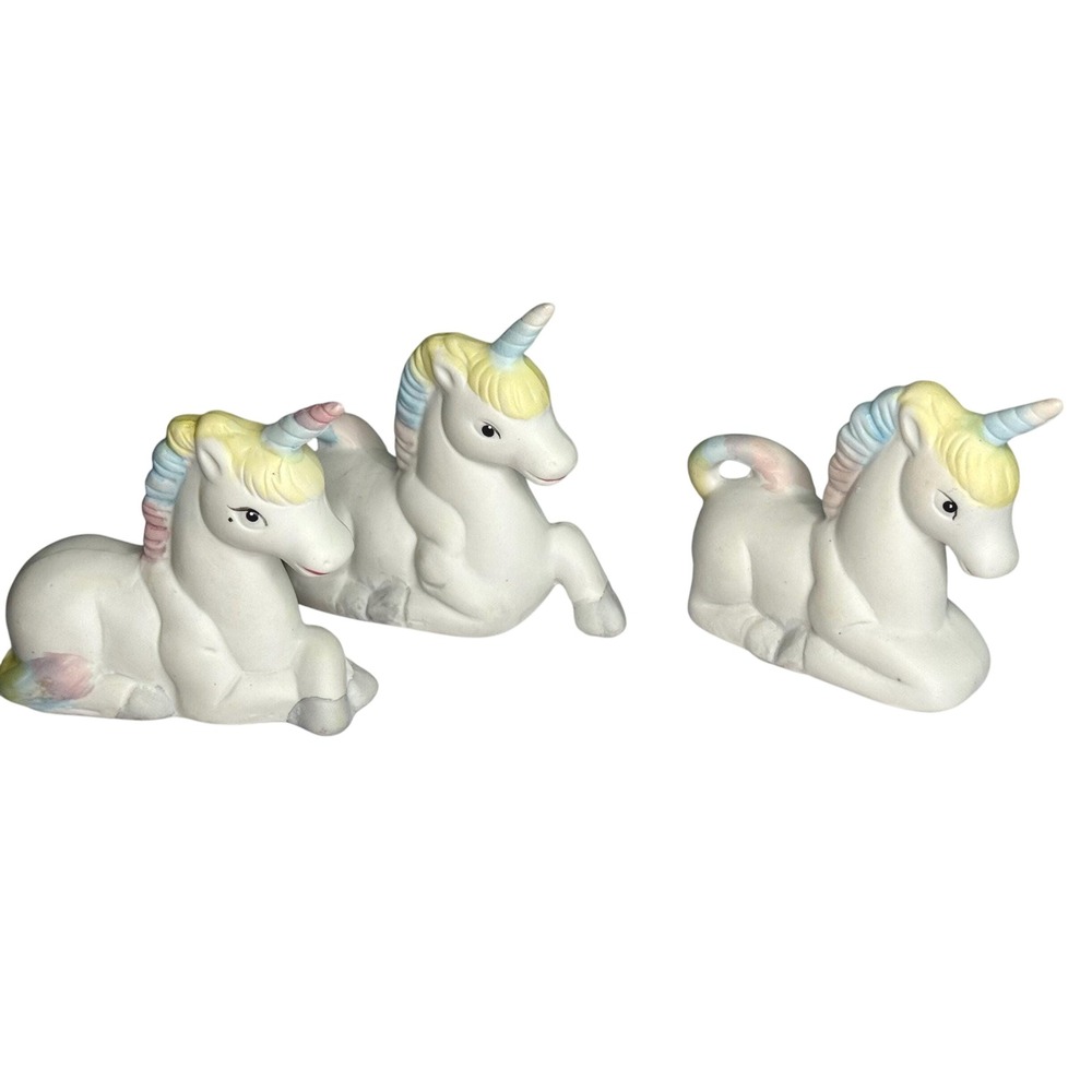 Set Of Three Bisque Porcelain Vintage 80s Pastel Unicorn Figurines‎
